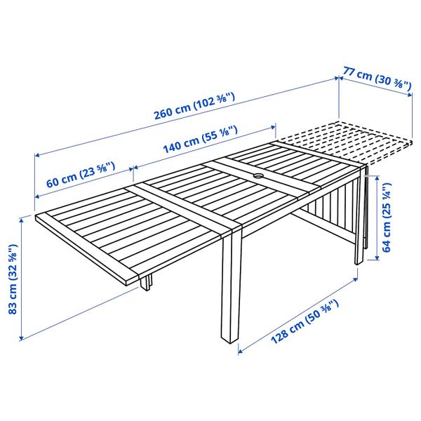 Стол с откидными полами, садовый, коричневая морилка 140/200/260x78 см IKEA ÄPPLARÖ ЭПЛАРО 203.763.37 - схема-чертеж с размерами