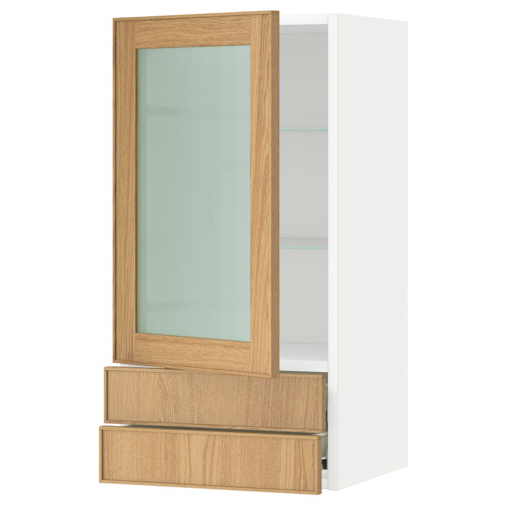 Навесной шкаф, стеклянная дверца, 2 ящика МЕТОД / ФОРВАРА, белый, Экестад дуб - схема-чертеж с размерами