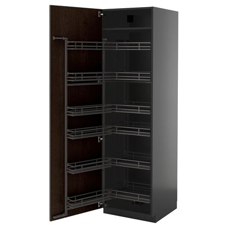 METOD Высокий шкаф с выдвижным модулем - черно-серый/Sinarp коричневый 60x60x200 см