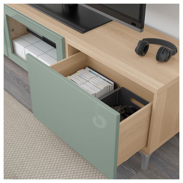 Тумба под ТВ с ящиками и дверцей БЕСТО, под беленый дуб Сельсвикен, глянцевый/серо-зеленый светлый прозрачное стекло (180x40x48 - фото 3