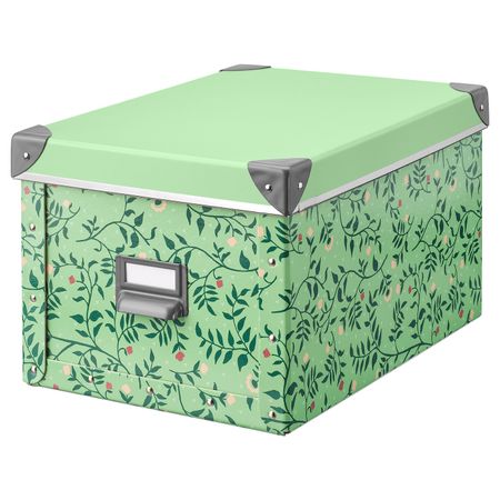 Коробка с крышкой, светло-зеленый/цветочный орнамент 25x36x20 см IKEA FJÄLLA ФЬЕЛЛА 404.650.78