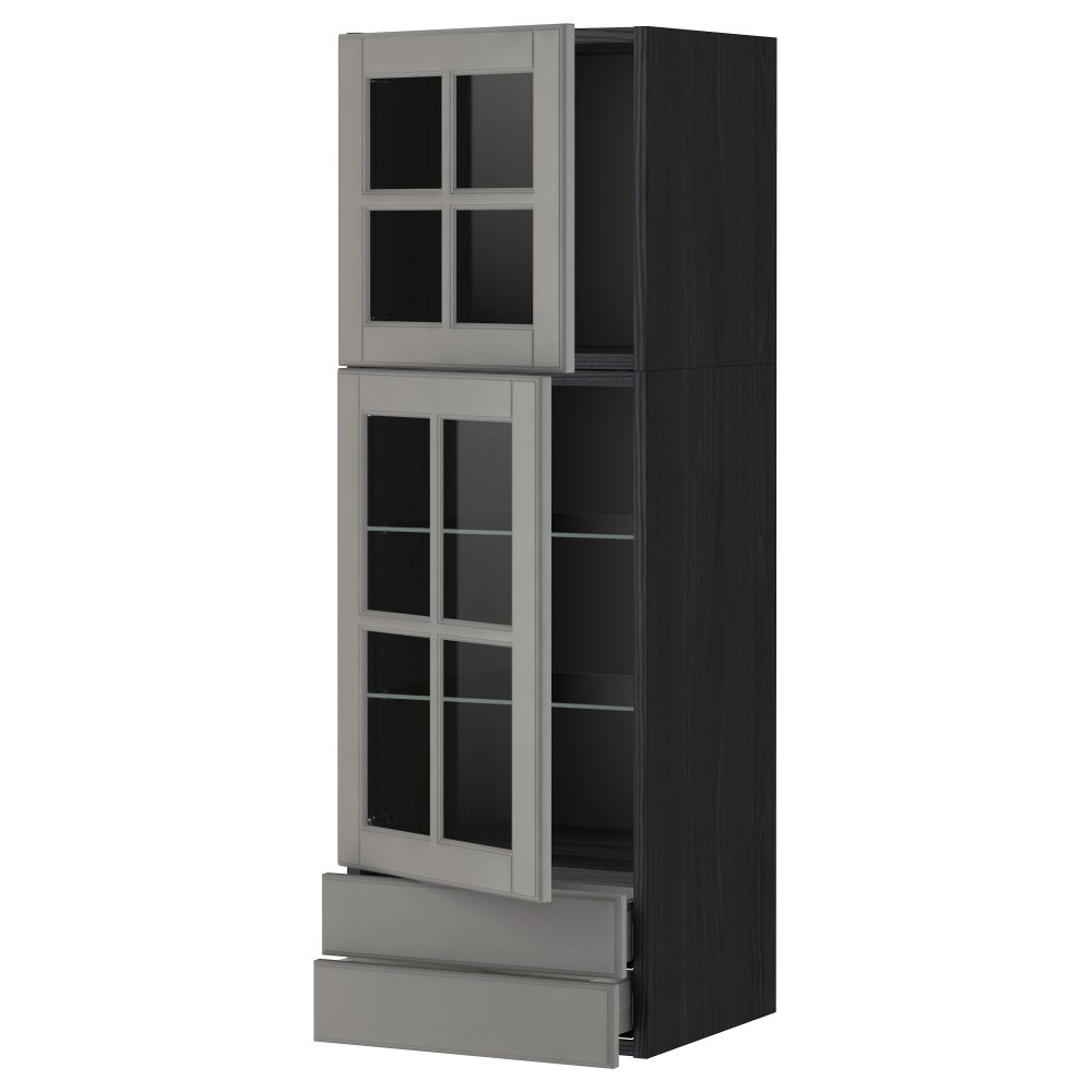 Навесной шкаф, 2 стеклянные дверцы, 2 ящика МЕТОД / МАКСИМЕРА, черный, Будбин серый - фото 1