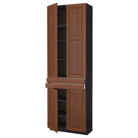 Высокий шкаф + полки, 2 ящика, 4 дверцы МЕТОД / МАКСИМЕРА, черный, Филипстад коричневый (80x37x240 см)