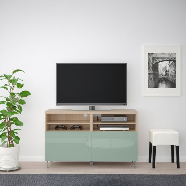 Тумба под ТВ, с дверцами, под беленый дуб, СЕЛЬСВ/СТАЛЛАРП светлый серо-зеленый, 120x42x74 см IKEA БЕСТО 492.683.18 - фото 2