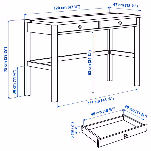 HEMNES Стол с 2 ящиками - белая морилка/светло-коричневый 120x47 см - фото 3