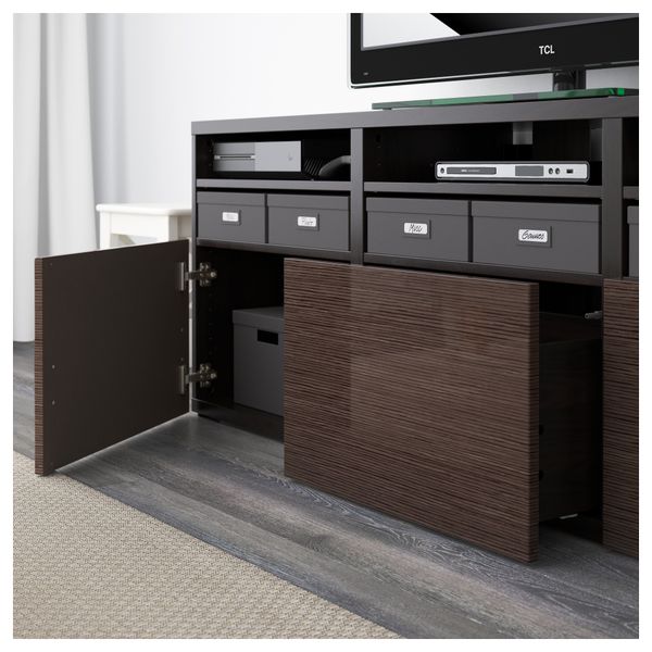 Шкаф для ТВ, комбинированный, стекляные дверцы БЕСТО, черно-коричневый, Сельсвикен глянцевый/коричневый дымчат стекло - фото 3