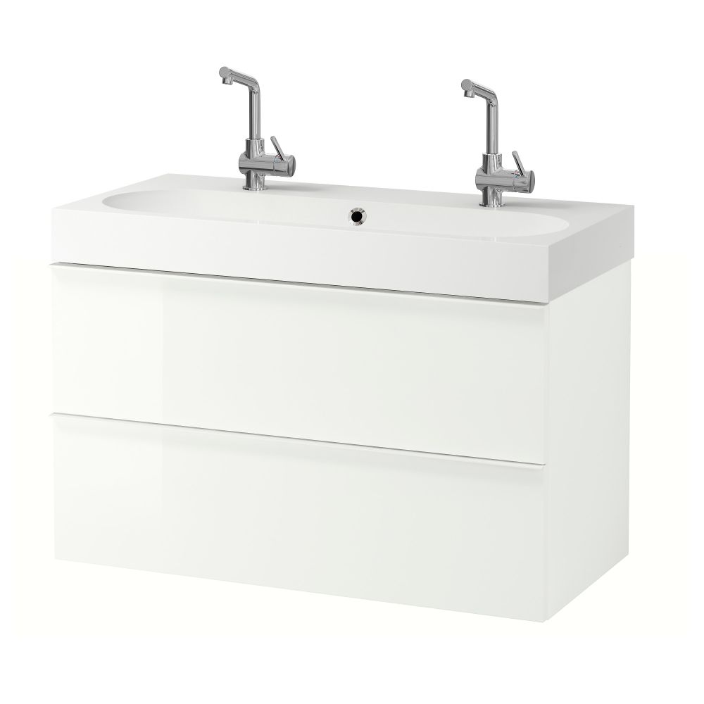 Шкаф для раковины с 2 ящиками ГОДМОРГОН / БРОВИКЕН, глянцевый белый (100x49x68 см) - фото 1