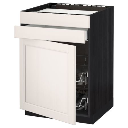 Напольный шкаф для варочной панели, ящик, 2 проволочных корзины МЕТОД / МАКСИМЕРА, черный, Лаксарби белый (60x60 см)