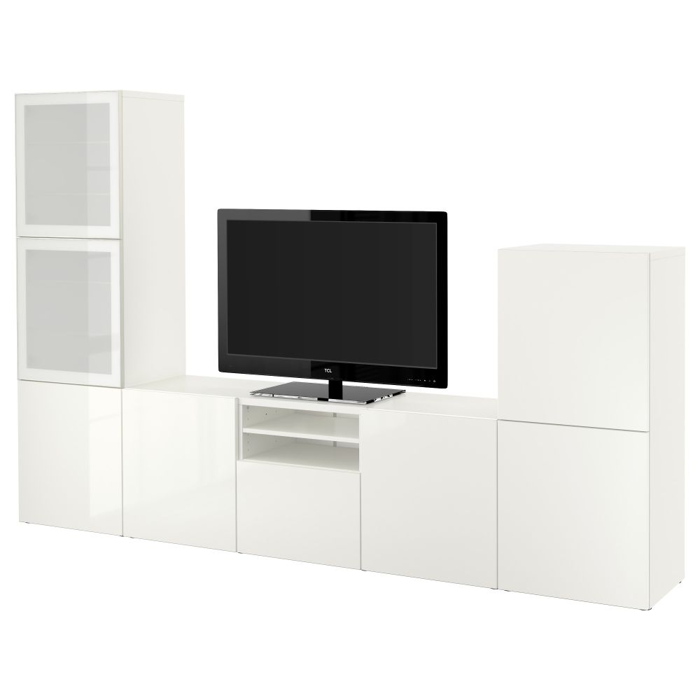 Шкаф для ТВ, комбинированный, стекляные дверцы БЕСТО, белый, Сельсвикен глянцевый/белый матовое стекло (300x40x192 см) - фото 1