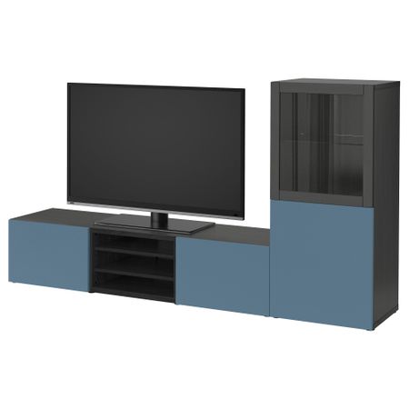Шкаф для ТВ, комбинированный, стекляные дверцы БЕСТО, черно-коричневый Вальвикен, темно-синий прозрачное стекло (240x40x128 см)