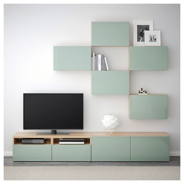 Шкаф для ТВ, комбинация БЕСТО, под беленый дуб, Сельсвикен глянцевый/серо-зеленый светлый (240x20/40x204 см) - фото 2