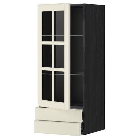 Навесной шкаф, стеклянная дверца, 2 ящика МЕТОД / ФОРВАРА, черный, Будбин белый с оттенком