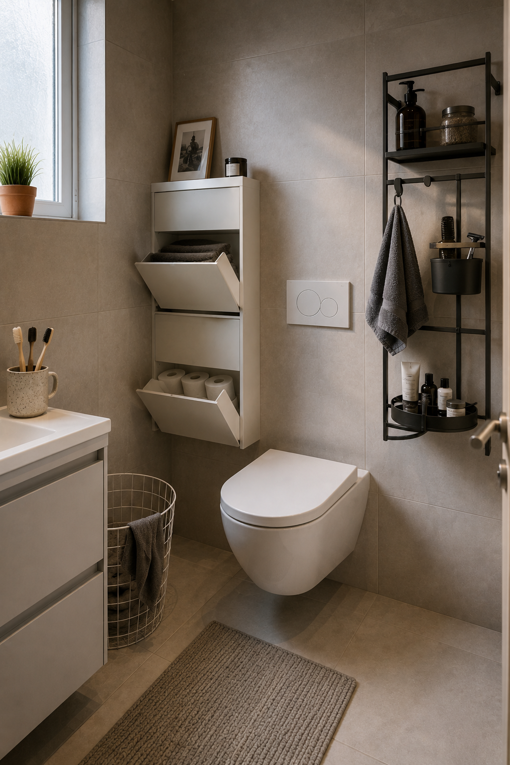Модули TRONES 52×18×39 и стальной каркас ENHET на стене над подвесным унитазом