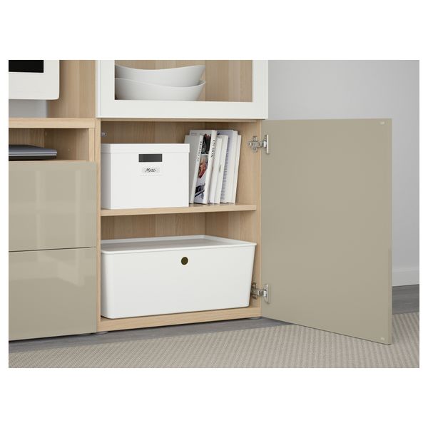 Шкаф для ТВ, комбинированный, стекляные дверцы БЕСТО, под беленый дуб, Сельсвикен глянцевый/бежевый прозрачное стекло - фото 3