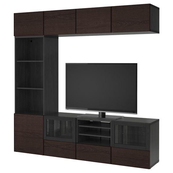 Шкаф для ТВ, комбинированный, стекляные дверцы БЕСТО, черно-коричневый, Инвикен черно-коричневый прозрачное стекло (240x40x230 - фото 1