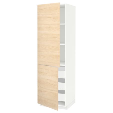 Высокий шкаф + полки, 3 ящика, 2 дверцы МЕТОД / МАКСИМЕРА, белый, Аскерсунд под светлый ясень ясень