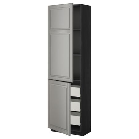 Высокий шкаф + полки, 3 ящика, 2 дверцы МЕТОД / ФОРВАРА, черный, Будбин серый