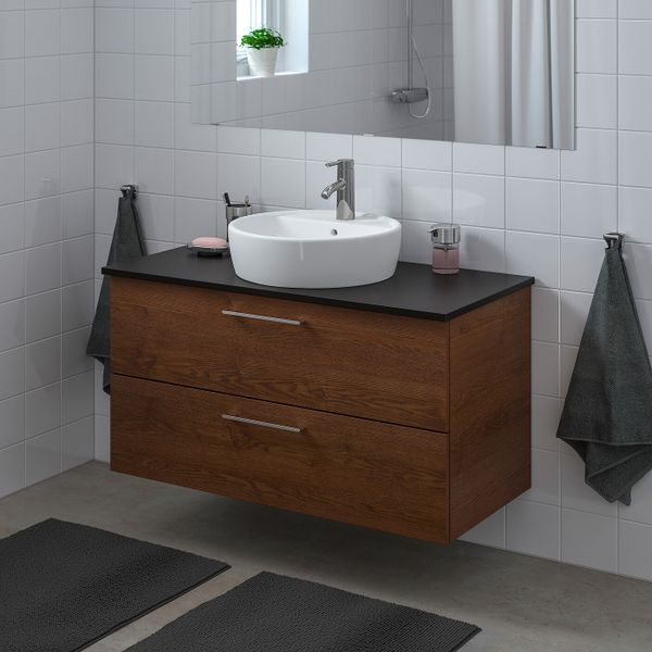 Шкаф п-раковину/столешн45/раковина, под коричневый мореный ясень/антрацит ДАЛЬШЕР смеситель 102x49x74 см IKEA GODMORGON/TOLKEN - схема-чертеж с размерами