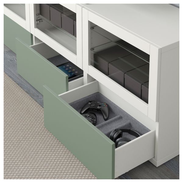 Тумба под ТВ, с дверцами и ящиками БЕСТО, Лаппвикен зеленый, Синдвик белый прозрачное стекло (180x40x64 см) - фото 3