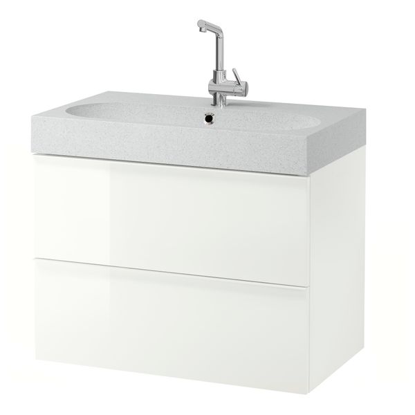 Шкаф для раковины с 2 ящиками ГОДМОРГОН / БРОВИКЕН, глянцевый белый, светло-серый (80x49x68 см) - фото 1