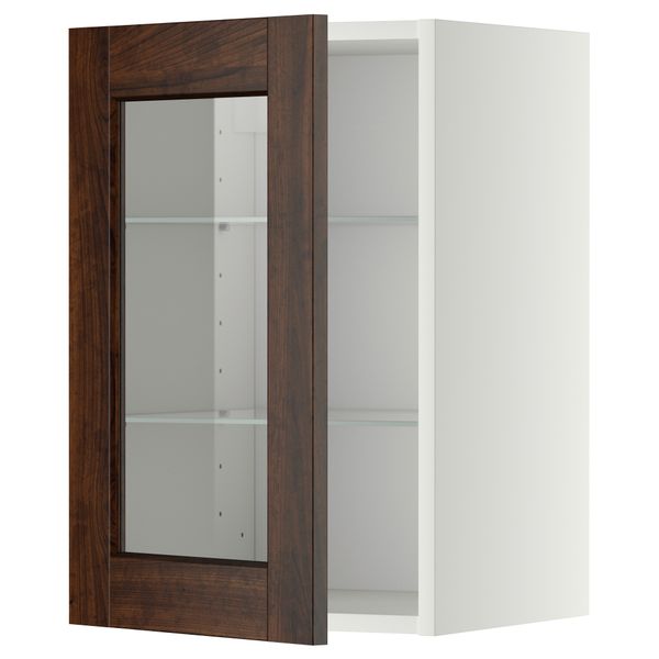Навесной шкаф с полками, стекляными дверцы МЕТОД, белый, Эдсерум коричневый - схема-чертеж с размерами