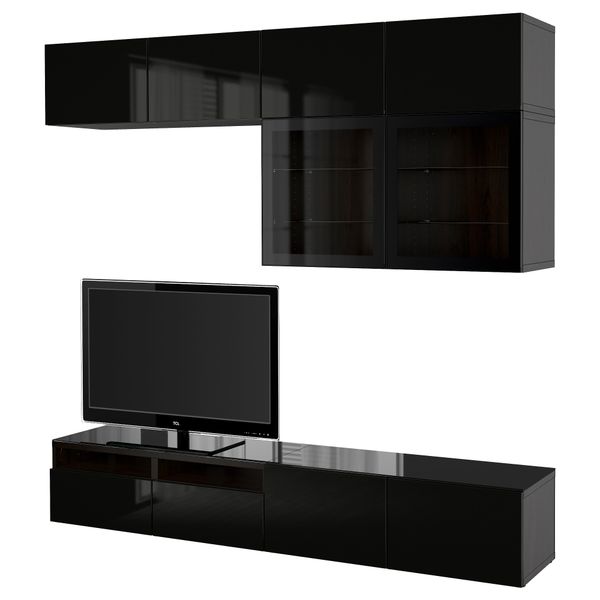 Шкаф для ТВ, комбинированный, стекляные дверцы БЕСТО, черно-коричневый, Сельсвикен глянцевый/черный прозрачное стекло - фото 1
