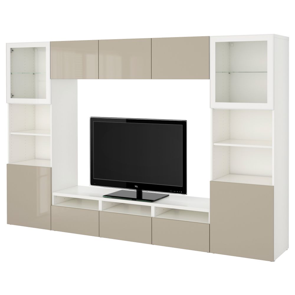 Шкаф для ТВ, комбинированный, стекляные дверцы БЕСТО, белый, Сельсвикен глянцевый/бежевый прозрачное стекло (300x40x192 см) - фото 1