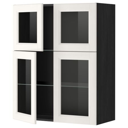 Навесной шкаф с полками, 4 стекло дверцы МЕТОД, черный, Лаксарби белый (80x100 см)