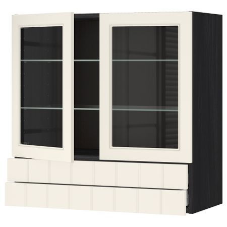 Навесной шкаф, 2 стеклянные дверцы, 2 ящика МЕТОД / МАКСИМЕРА, черный, Хитарп белый с оттенком