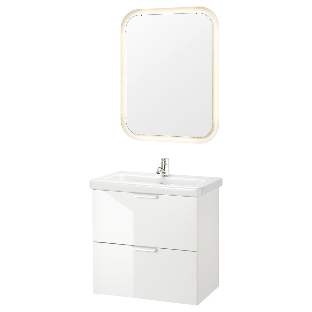 Комплект мебели для ванной, 6 предм., глянцевый белый/ПИЛКОН смеситель 64x43x65 см IKEA FISKÅN ФИСКОН / TVÄLLEN ТВЭЛЛЕН - фото 1