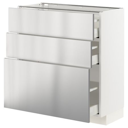 Напольный шкаф с 3 ящиками, белый/Ворста нержавеющая сталь 80x37 см IKEA METOD МЕТОД / MAXIMERA МАКСИМЕРА 593.299.86