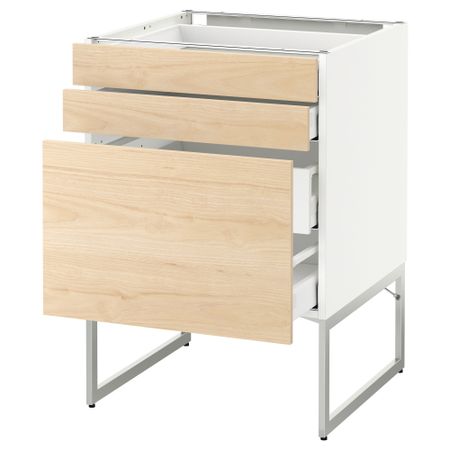 Напольный шкаф 3 фронтальных панели, 2 нижних, 2 средних ящика МЕТОД / МАКСИМЕРА, белый, Аскерсунд ясень под светлый ясень