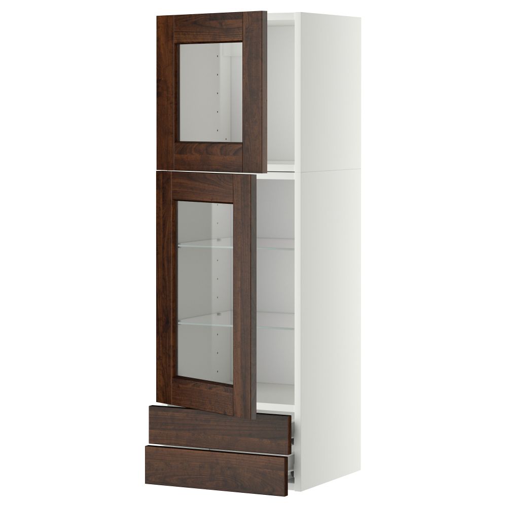 Навесной шкаф, 2 стеклянные дверцы, 2 ящика МЕТОД / ФОРВАРА, белый, Эдсерум коричневый - фото 1