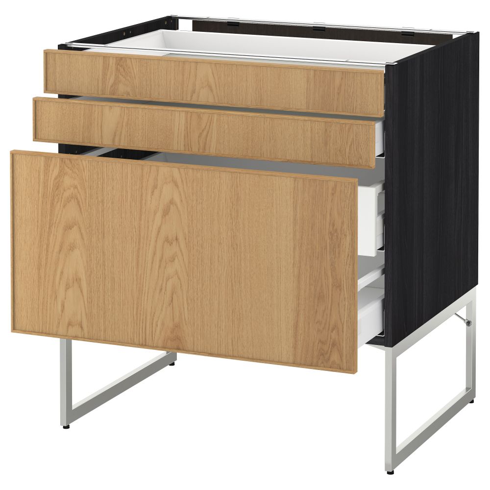 Напольный шкаф 3 фронтальных панели, 2 нижних, 2 средних ящика МЕТОД / МАКСИМЕРА, черный, Экестад дуб - схема-чертеж с размерами