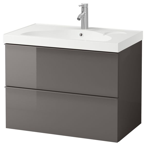 Шкаф для раковины с 2 ящиками ГОДМОРГОН / ЭДЕБОВИКЕН, глянцевый серый (80x49x64 см) - фото 2