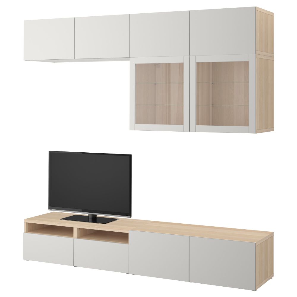 Шкаф для ТВ, комбинированный, стекляные дверцы БЕСТО, под беленый дуб Лаппвикен, Синдвик светло-серый прозрачное стекло - фото 1