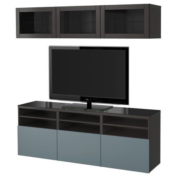 Шкаф для ТВ, комбинированный, стекляные дверцы БЕСТО, черно-коричневый, Вальвикен серо-бирюзовый, прозрачное стекло (180x40x192 - фото 1