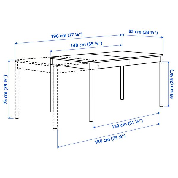 TONSTAD / GRÖNSTA Стол и 4 стула - дубовый шпон/белый 140/196x85 см - схема-чертеж с размерами