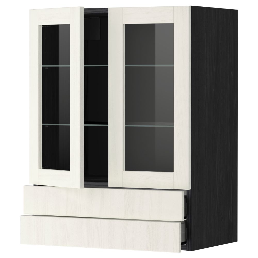 Навесной шкаф, 2 стеклянные дверцы, 2 ящика МЕТОД / МАКСИМЕРА, черный, Росдаль белый - схема-чертеж с размерами