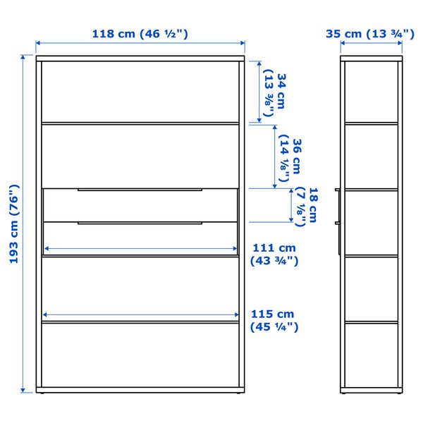 Стеллаж с ящиками, белый, 118x35x193 см IKEA FJÄLKINGE 199.318.65 - схема-чертеж с размерами