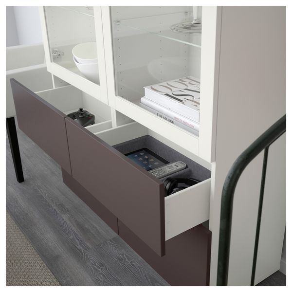 Комбинация для хранения со стеклянными дверцами БЕСТО, белый, Вальвикен темно-коричневый, прозрачное стекло (120x40x192 см) - схема-чертеж с размерами