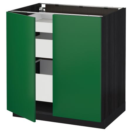 Напольный шкаф с 2 дверцами, 3 ящиками МЕТОД / МАКСИМЕРА, черный, Флэди зеленый (80x60 см)
