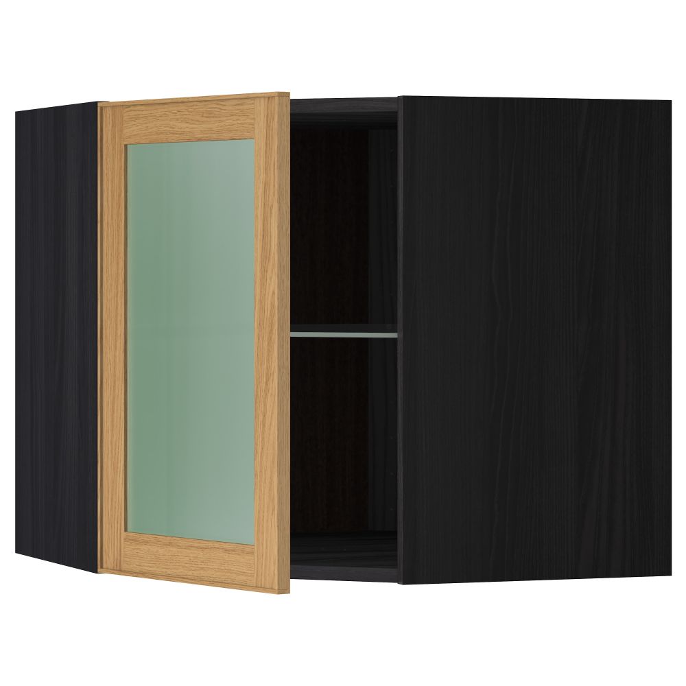Угловой навесной шкаф с полками, стекляными дверцами МЕТОД, черный, Экестад дуб - схема-чертеж с размерами