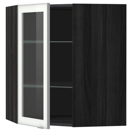Угловой навесной шкаф с полками, стекляными дверцами МЕТОД, черный, Ютис матовое стекло