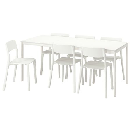 Стол и 6 стульев, белый/белый 120/180 см IKEA VANGSTA ВАНГСТА / JANINGE ЯН-ИНГЕ 694.830.34