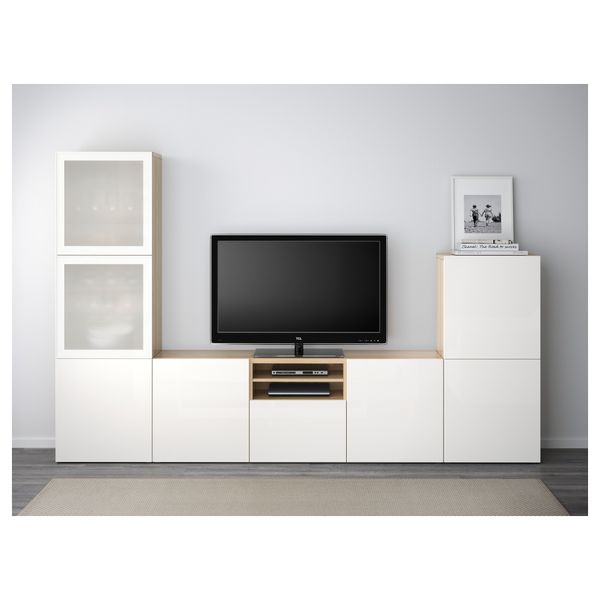 Шкаф для ТВ, комбинированный, стекляные дверцы БЕСТО, под беленый дуб, Сельсвикен глянцевый/белый матовое стекло (300x40x192 см) - фото 2