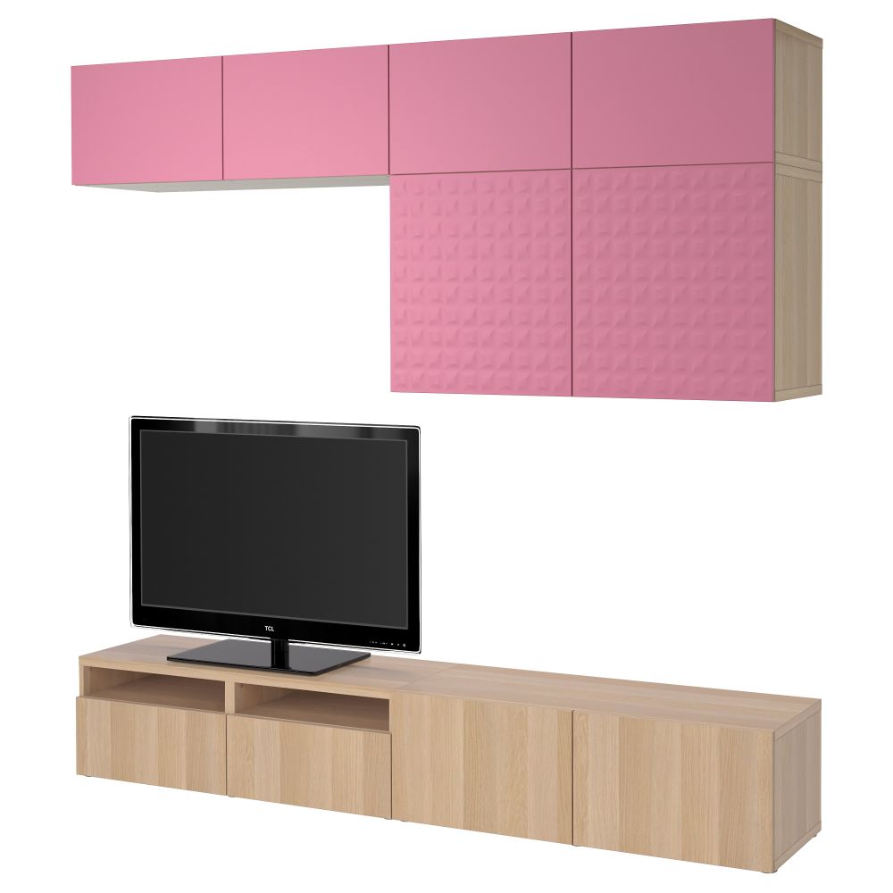 Шкаф для ТВ, комбинированный, стекляные дверцы БЕСТО, Дьюпвикен розовый, Лаппвикен под беленый дуб (240x40x230 см) - фото 1