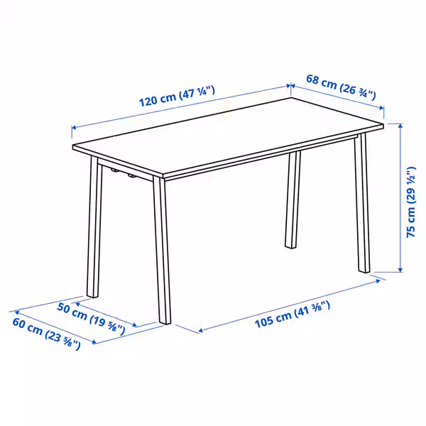 MITTZON МИТТЗОН Конференц-стол - белый/чёрный 120x68x75 см - схема-чертеж с размерами