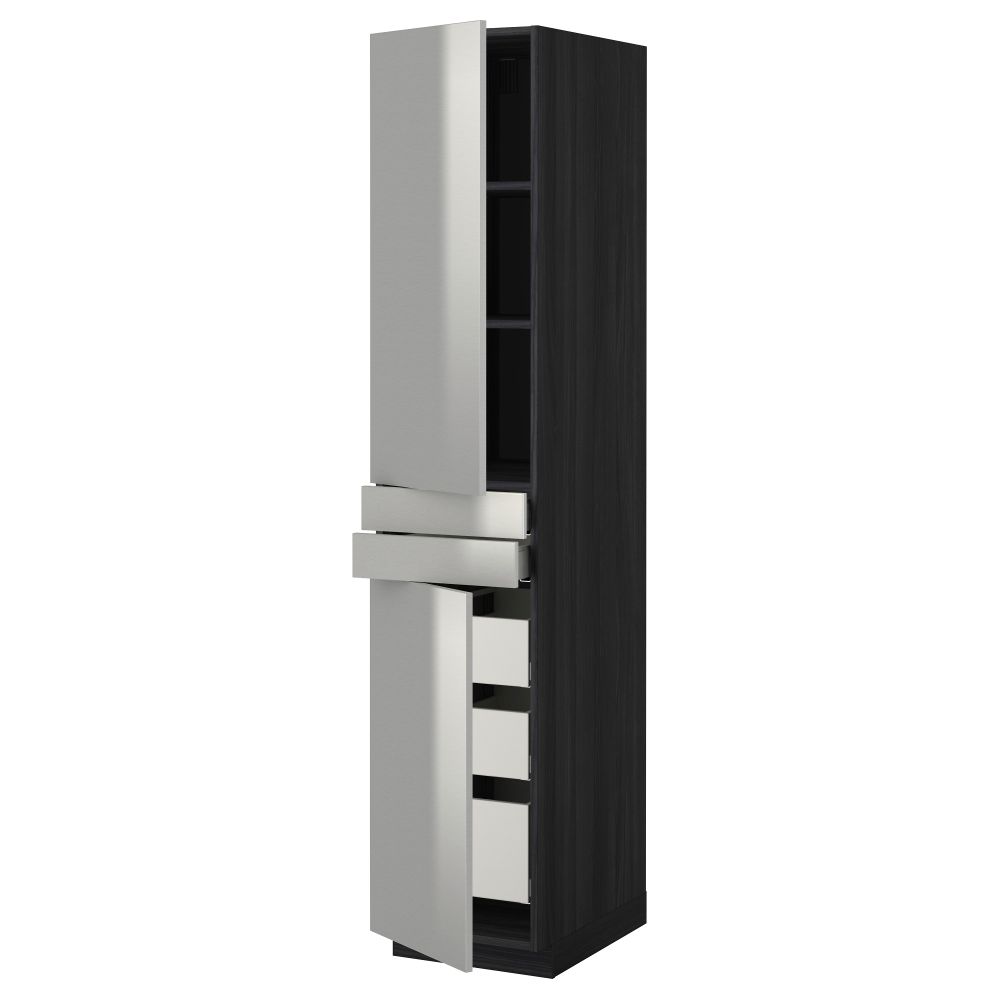 Высокий шкаф + полки, 5 ящиков, 2 дверцы, 2 фронтальных МЕТОД / МАКСИМЕРА, черный, Гревста нержавеющ сталь - фото 1
