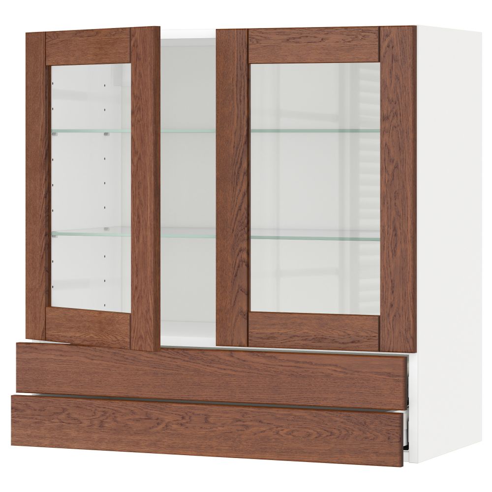 Навесной шкаф, 2 стеклянные дверцы, 2 ящика МЕТОД / МАКСИМЕРА, белый, Филипстад коричневый - схема-чертеж с размерами